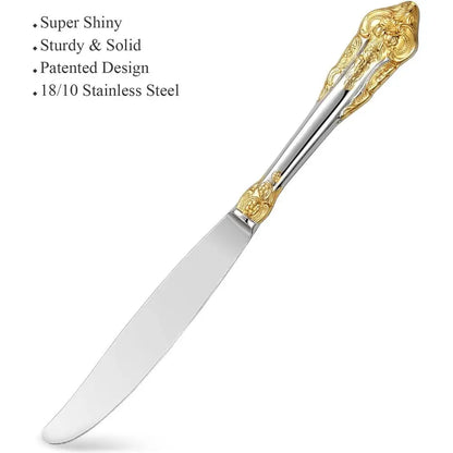 Close-up view of Everly Quinn Luxury Gold Accent Flatware Set showcasing its gold-accented handles, perfect for an upscale dining experience.
