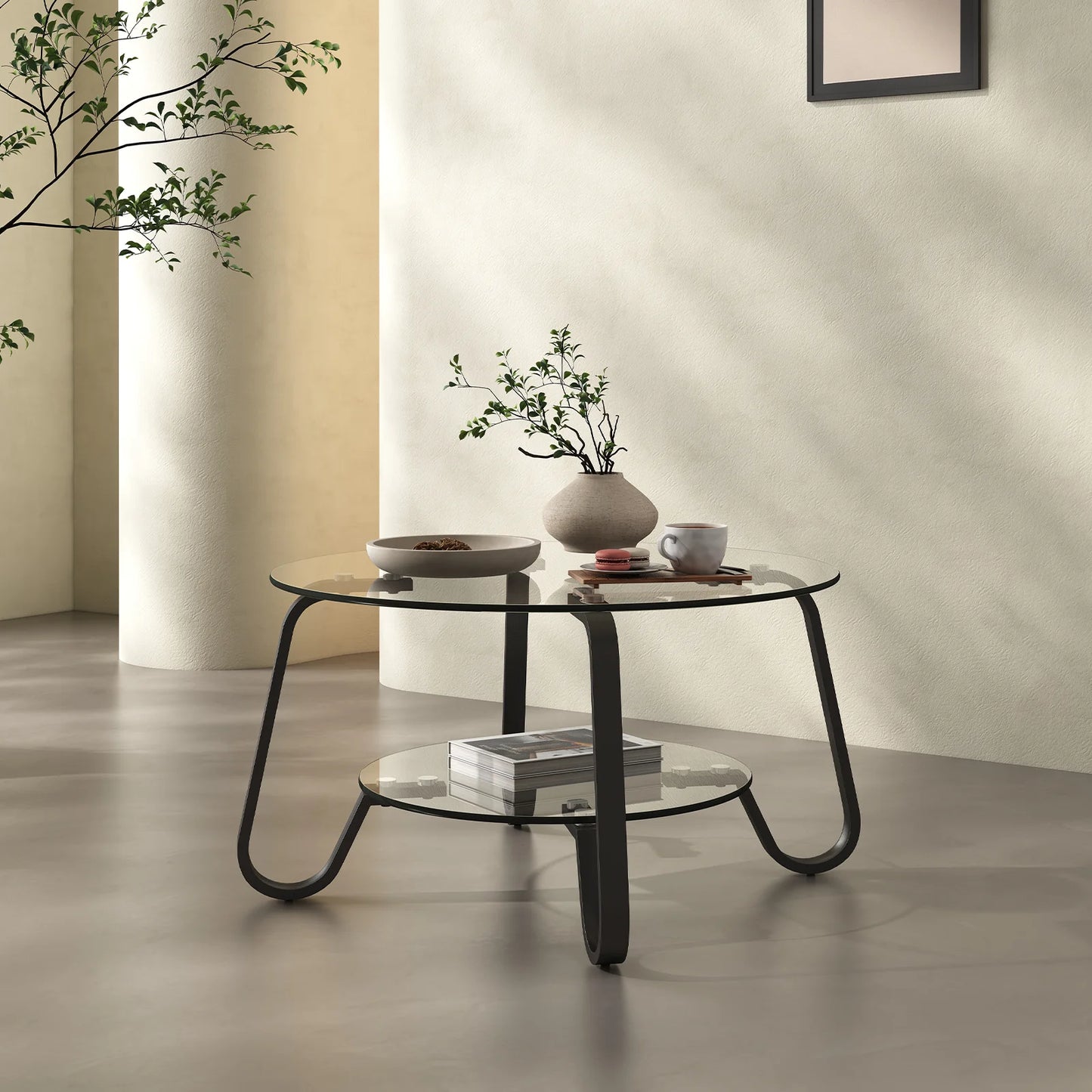 Retro Minimalist Metal Frame Coffee Table with Double-Layer Tempered Glass Top - Versatile & Stylish - retro minimalist coffee table in a chic black finish.