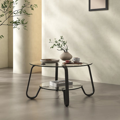 Retro Minimalist Metal Frame Coffee Table with Double-Layer Tempered Glass Top - Versatile & Stylish - retro minimalist coffee table in a chic black finish.
