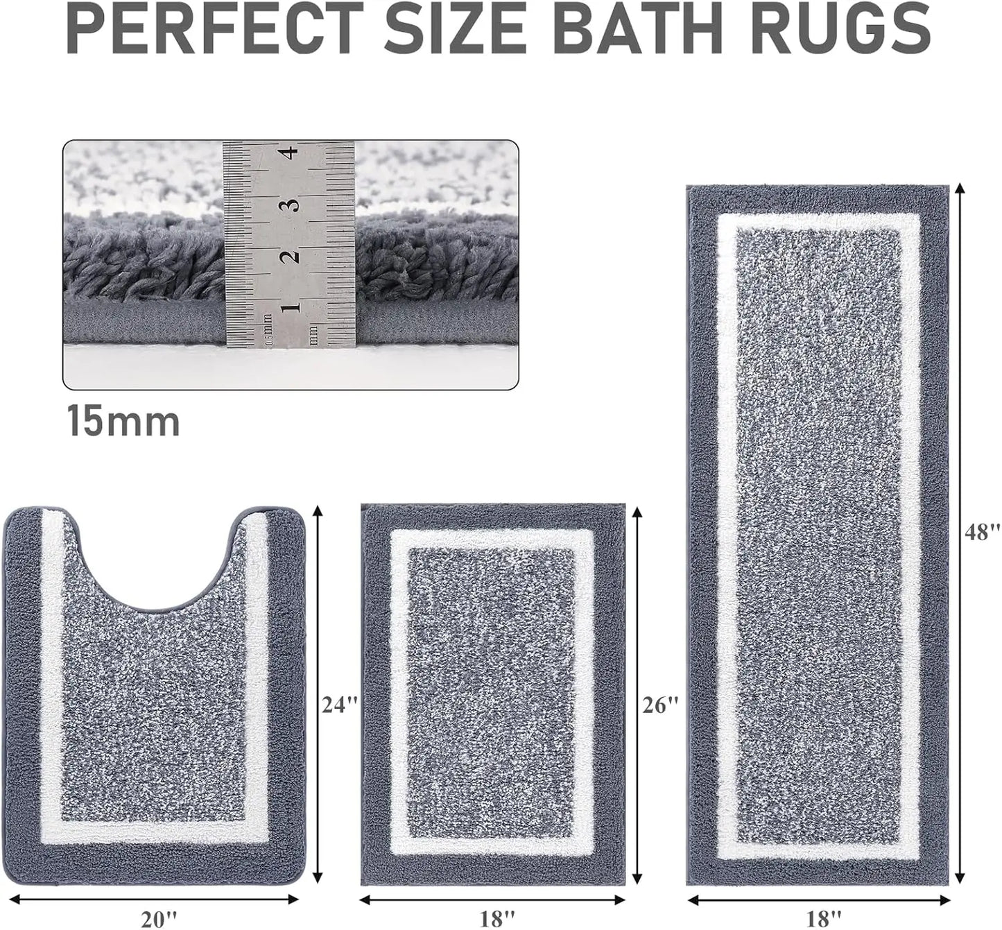Elegant 3-Piece Ultra-Soft Gray Bath Mat Set featuring a cozy bath mat, a U-shaped toilet mat, and a spacious bath mat with non-slip backing, ideal for enhancing your bathroom decor.