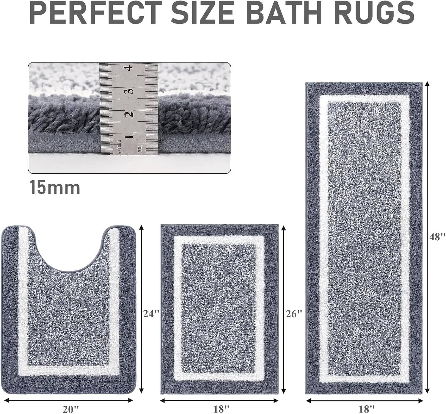 Elegant 3-Piece Ultra-Soft Gray Bath Mat Set featuring a cozy bath mat, a U-shaped toilet mat, and a spacious bath mat with non-slip backing, ideal for enhancing your bathroom decor.