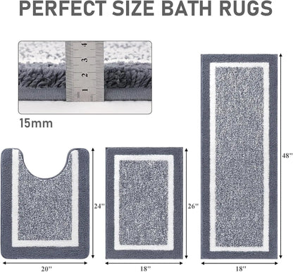 Elegant 3-Piece Ultra-Soft Gray Bath Mat Set featuring a cozy bath mat, a U-shaped toilet mat, and a spacious bath mat with non-slip backing, ideal for enhancing your bathroom decor.