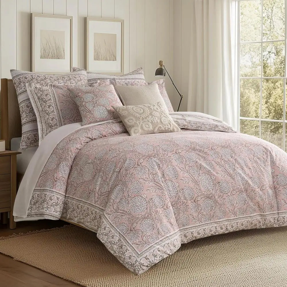 Versatile 100% Cotton Blush & White Reversible Comforter Set featuring elegant floral design, perfect for a queen size bed.