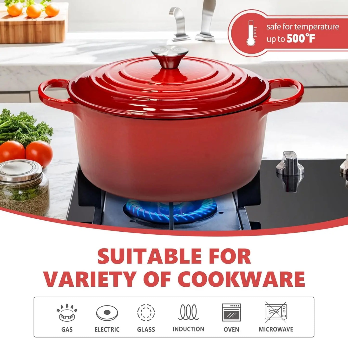 Showcasing the durability of the BK Bourgogne cast iron dutch oven compatible with all hobs including induction.