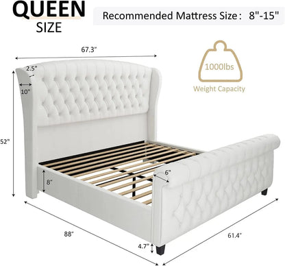 Chenille Upholstered Queen Size Platform Bed Frame