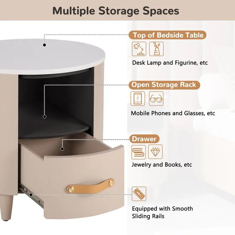 Minimalist & Modern Round Bedside Table with Storage Drawer