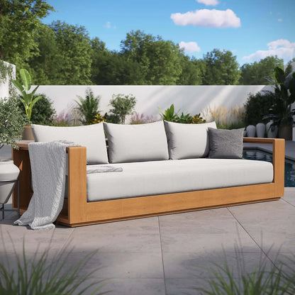 Outdoor Acacia Wood Sunroom Sofa in Natural Light Gray