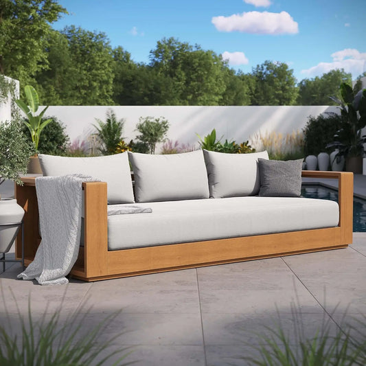 Outdoor Acacia Wood Sunroom Sofa in Natural Light Gray