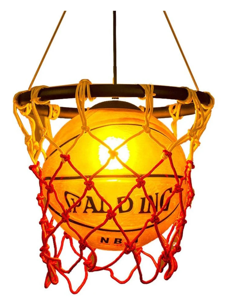 The Retro Hanging Basketball LED Light Fixture in a stylish setup, perfect as a gift for basketball lovers.