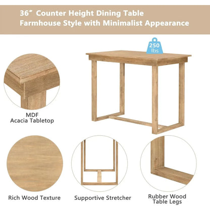 36-inch counter height dining table with farmhouse style and minimalist appearance, featuring MDF Acacia tabletop and rubber wood table legs.