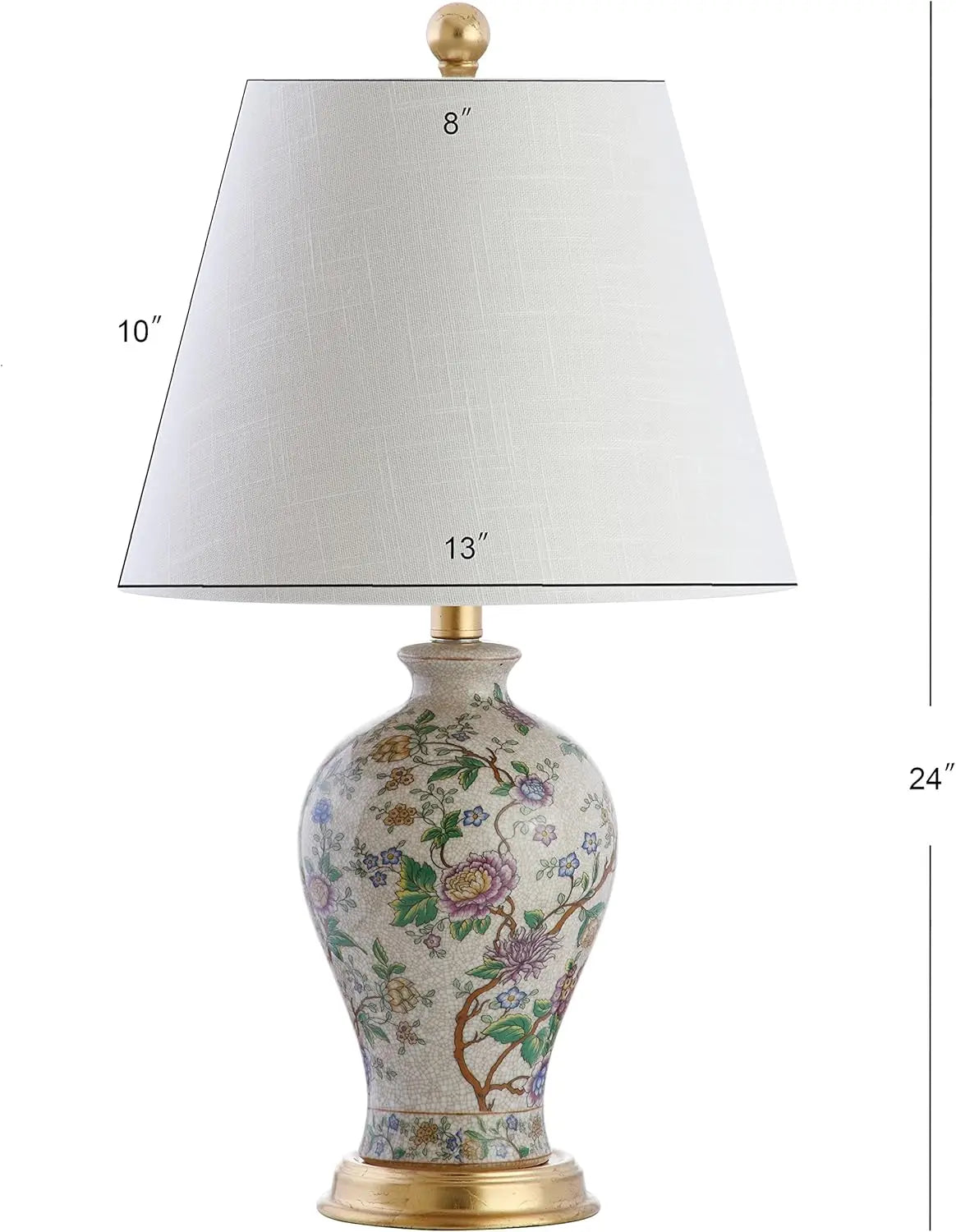 Close-up view of the Elegant 24" Multicolor Ceramic Floral LED Table Lamp with Golden Base, highlighting its colorful floral patterns as a stylish multicolor table lamp.
