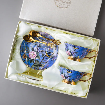 European Bird Pattern Afternoon Tea Cup & Saucer Sets w/Spoons