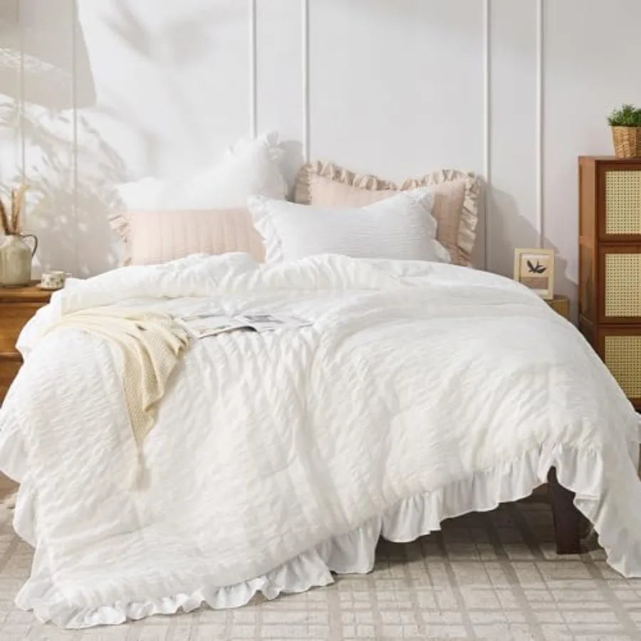 White Ruffle Comforter Set Full Size - 3 Piece Seersucker Lightweight Microfiber Bedding showcasing its chic ruffle elegance and softness.