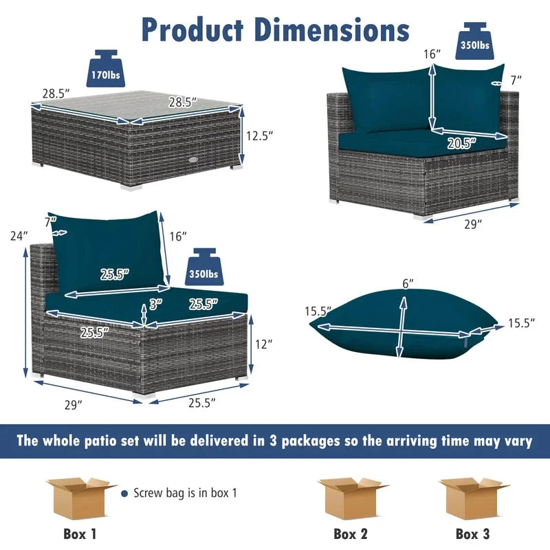 7-Piece Outdoor Rattan Sectional Sofa Set w/Peacock Blue Cushions