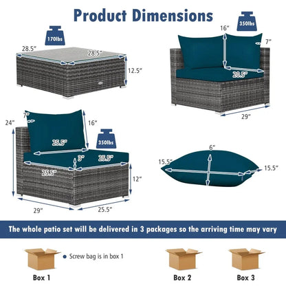 7-Piece Outdoor Rattan Sectional Sofa Set w/Peacock Blue Cushions