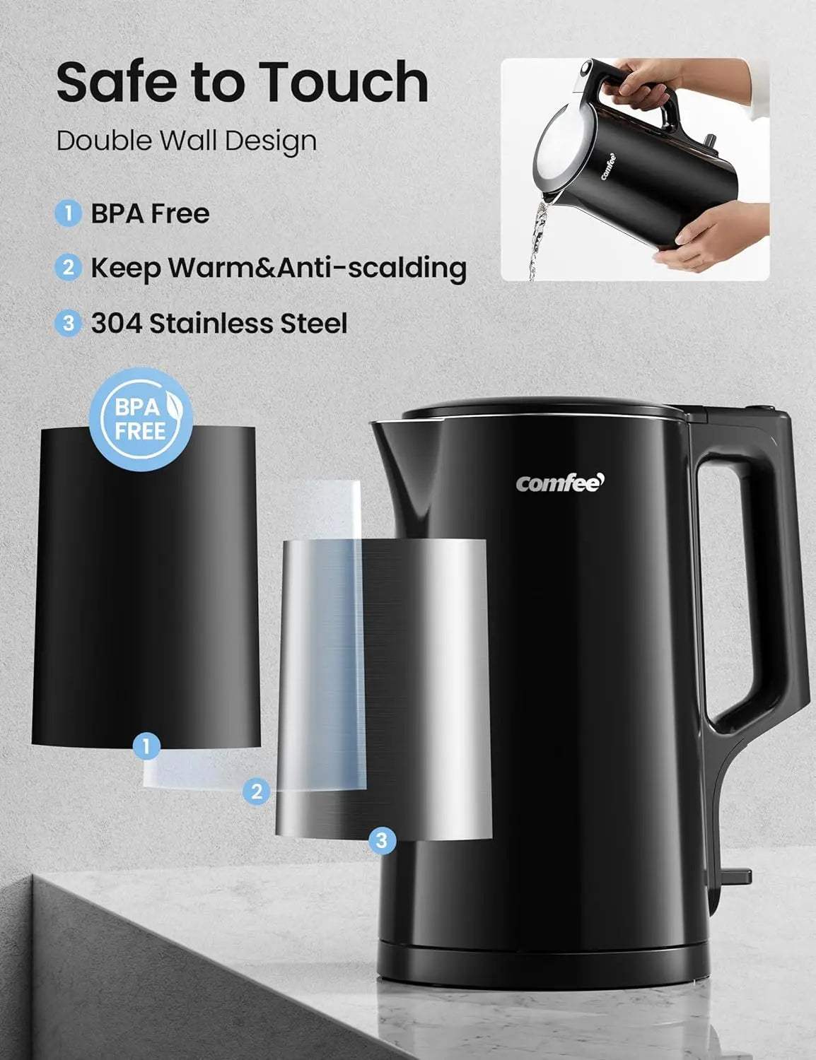 Comfee’ 1.7L Black Double Wall Electric Kettle in action, fast boiling water with a stylish design for modern kitchens.