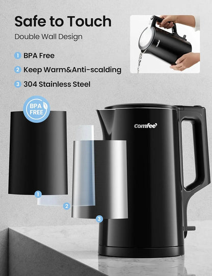 Comfee’ 1.7L Black Double Wall Electric Kettle in action, fast boiling water with a stylish design for modern kitchens.