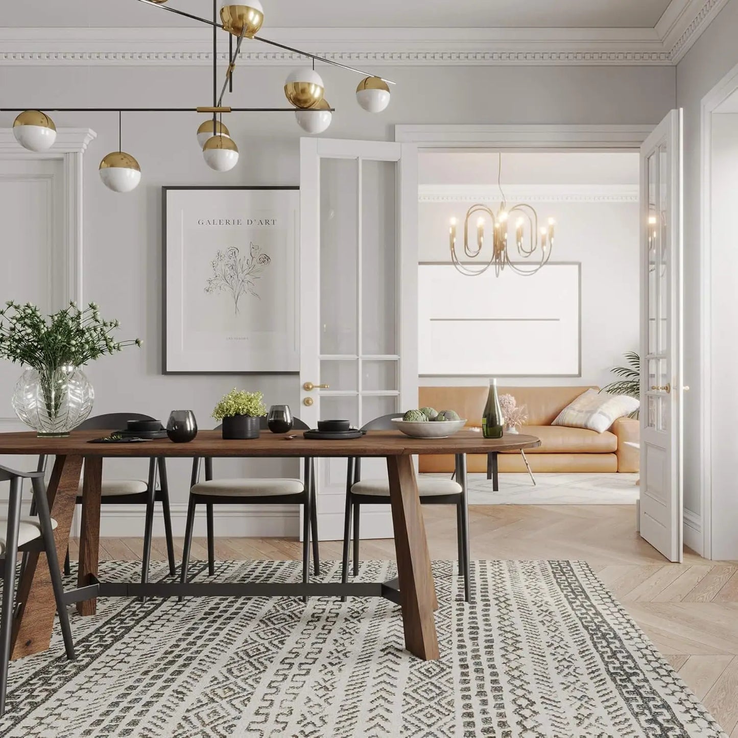 Mid-Century Walnut Oval Dining Table Set positioned in an open-concept home, ideal for versatile dining and workspaces.