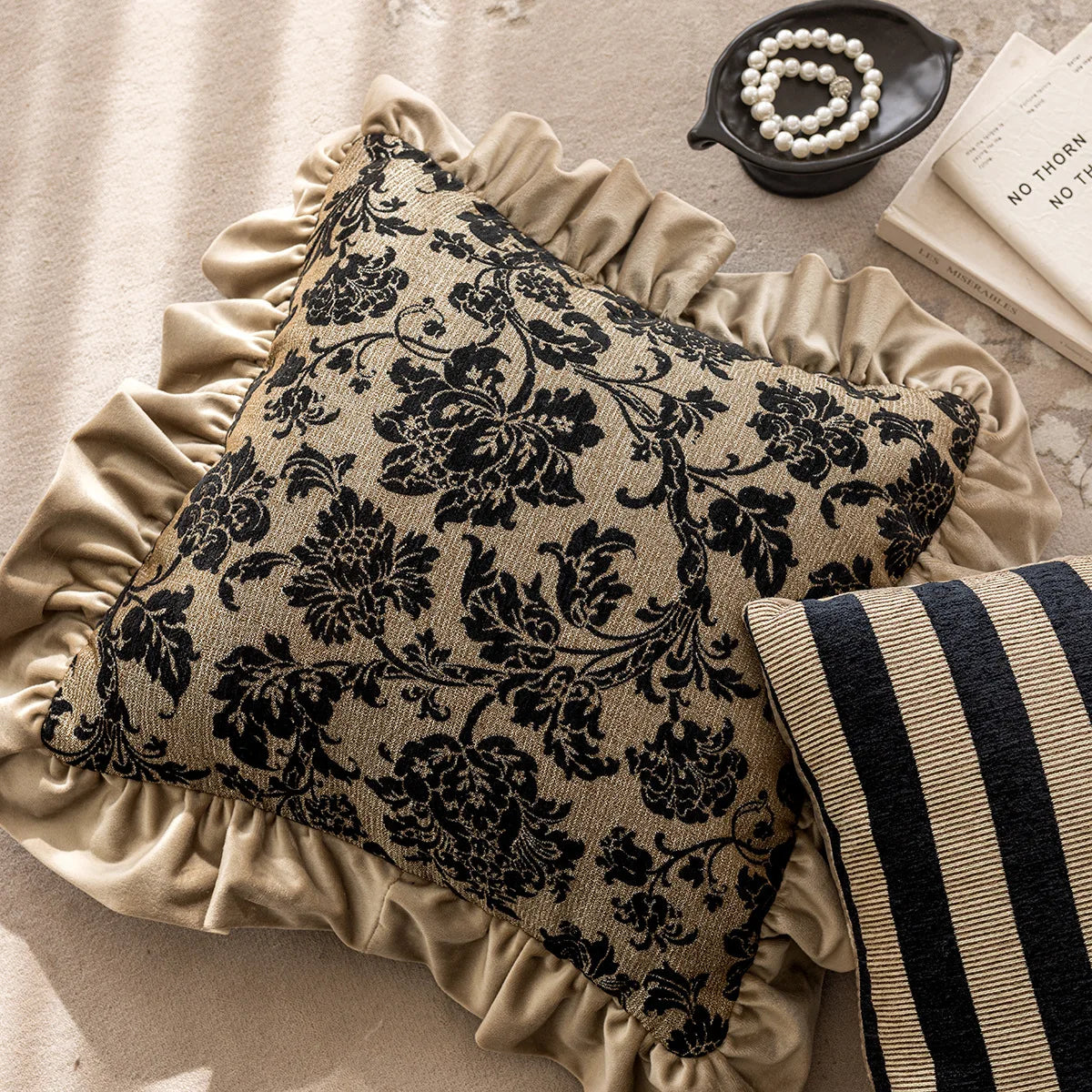 French Style Luxury Throw Pillow Cover - Black Floral Damask on Gold with Ruffled Edge, french style pillow cover showing floral jacquard detail