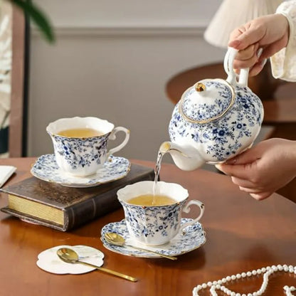 Vintage Blue Floral Bone China Tea Set featuring an elegant teapot, perfect for afternoon tea moments.