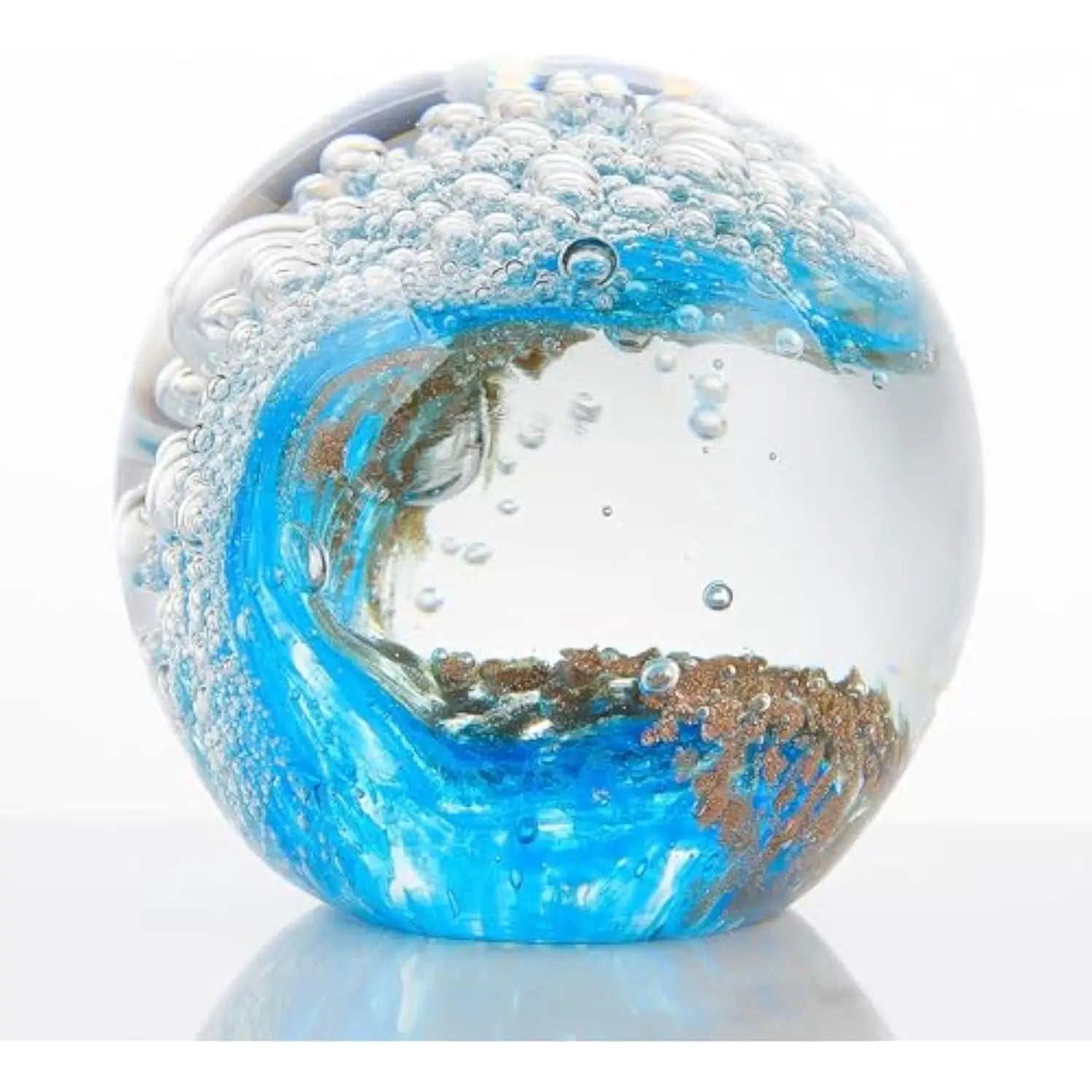Hand-Blown Ocean Wave Glass Paperweight displayed elegantly on a desk, blending functionality and artistic flair.