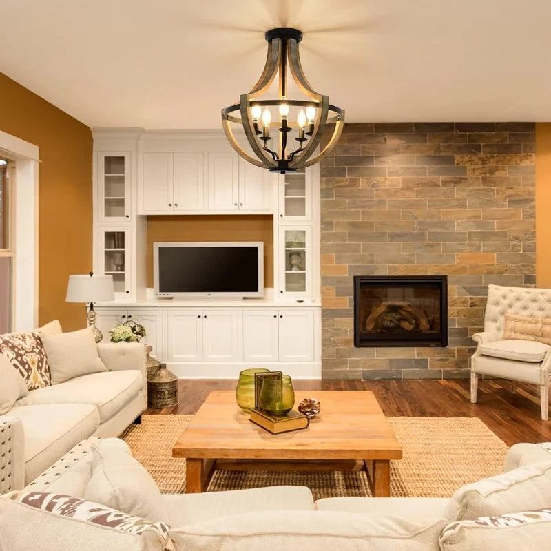 5-Light Farmhouse Lantern Wood Chandelier styled above a kitchen island, perfect for family gatherings and daily use.