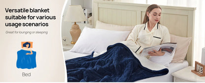 Side view of the Cozy Flannel Sherpa Electric Blanket illustrating its thickness and plush Sherpa lining.