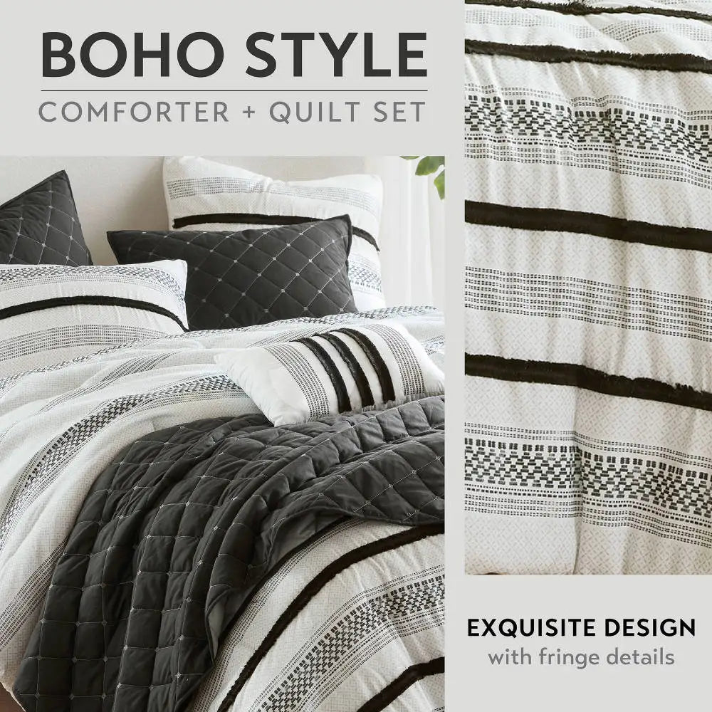 Transform your bedroom with this 7-piece king size comforter set, featuring a cozy black & white stripe theme.