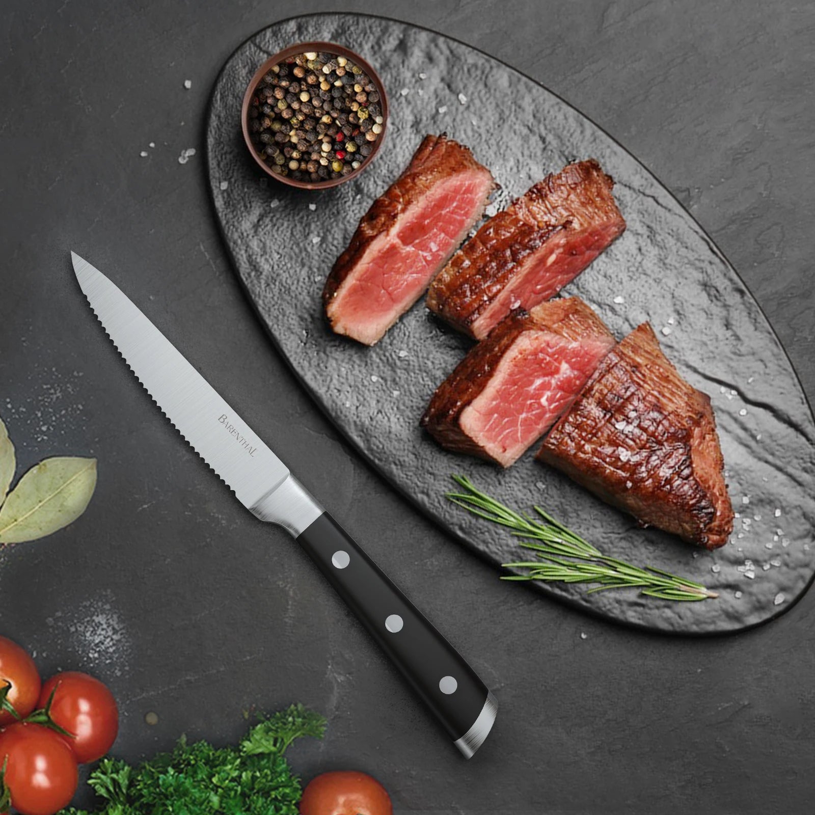 6-Piece German Stainless Steel Serrated Steak Knife Set featuring full-tang German stainless steel blades