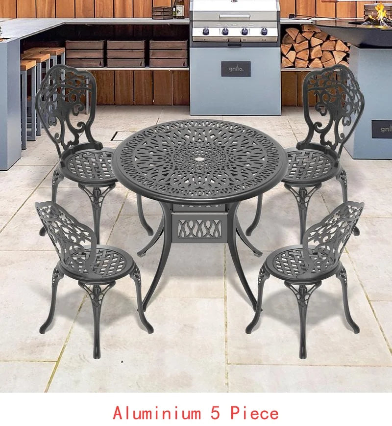   3 or 5-Piece All-Weather Black Cast Aluminum Patio Set w/Swivel Chairs & Cushions