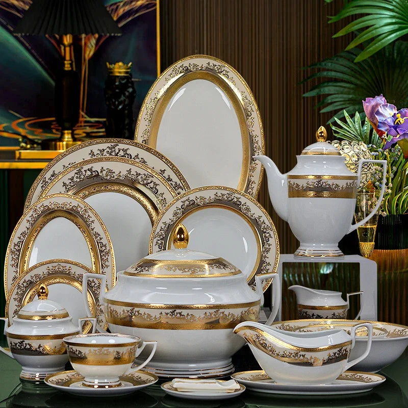 Luxury 98-Piece Ceramic White/Gold Dinnerware Set 