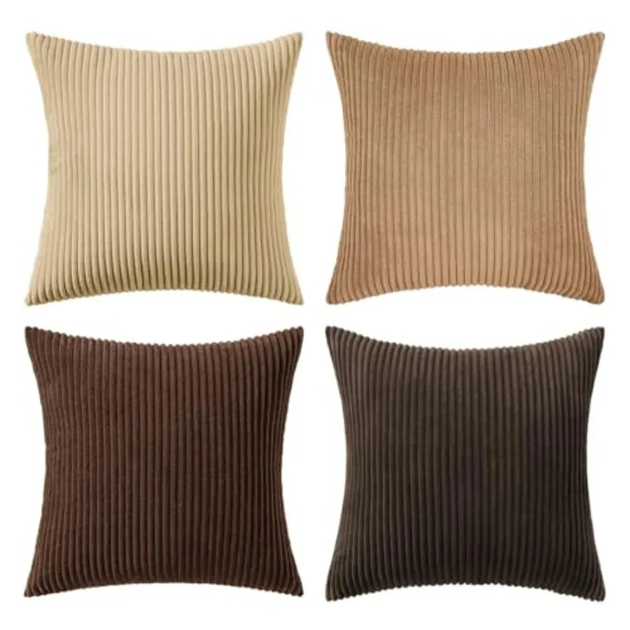 Four square ribbed throw pillows in beige, tan, brown, and dark brown, arranged in a 2x2 grid on a white background.