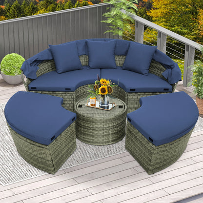 Round Wicker Patio Daybed w/Retractable Canopy