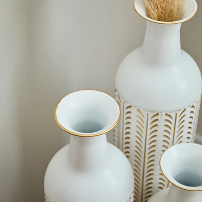 White Tall & Slender Metal Cylindrical Floor Vase~Set of 3