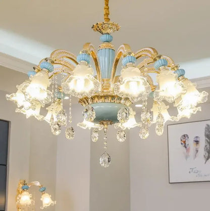 Frosted White Glass Tiffany Blue Floral Chandelier