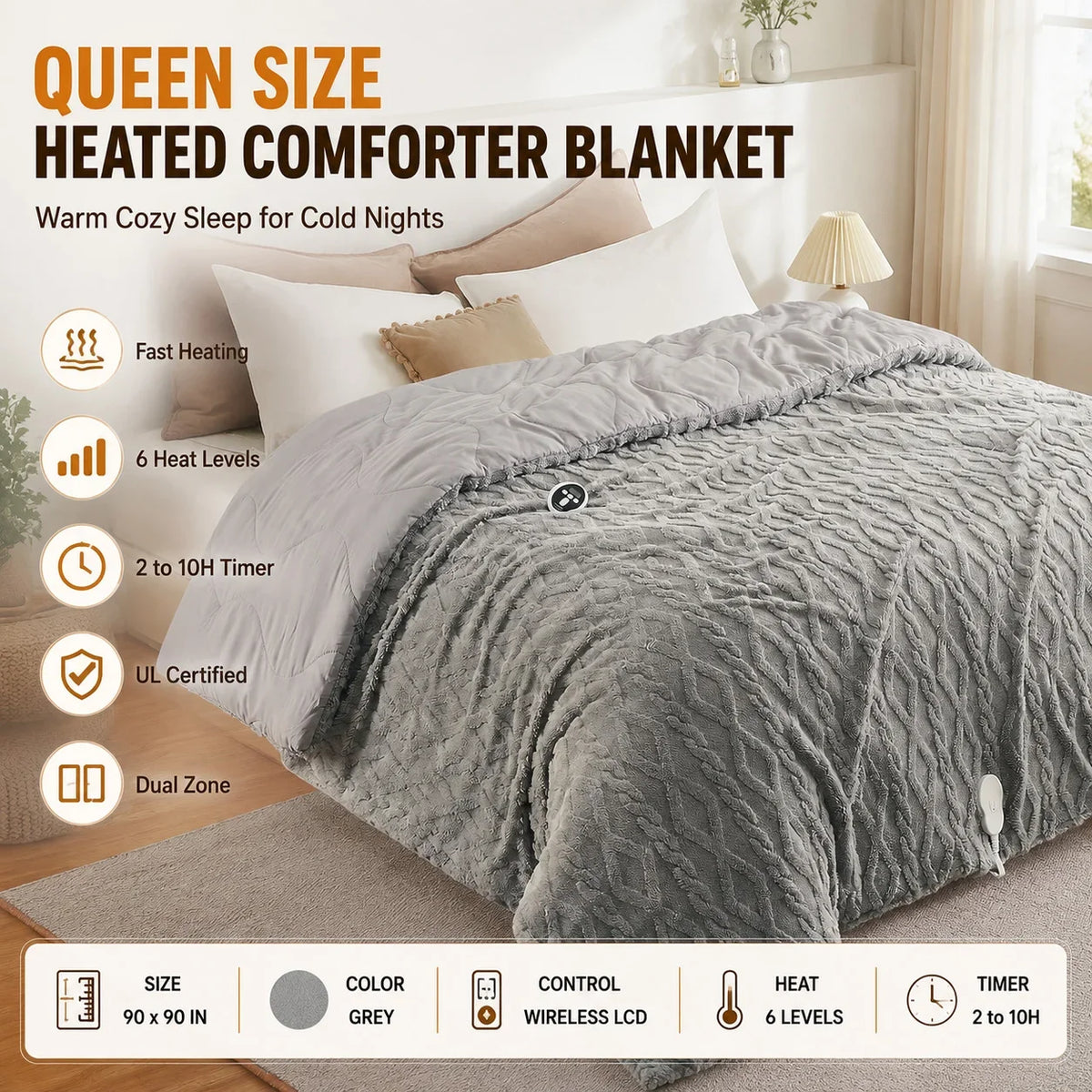 Queen 90x90 Heated Comforter with Dual-Zone Wireless Control, 6 Heat Levels & LCD Timer, plush gray queen heated comforter close-up