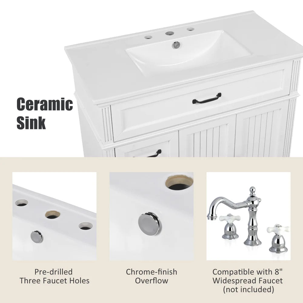 Freestanding 36" White Bathroom Vanity w/Ceramic Sink