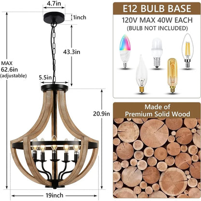 Detail shot of the 5-Light Farmhouse Lantern Wood Chandelier illustrating the warm glow it provides to a modern kitchen.
