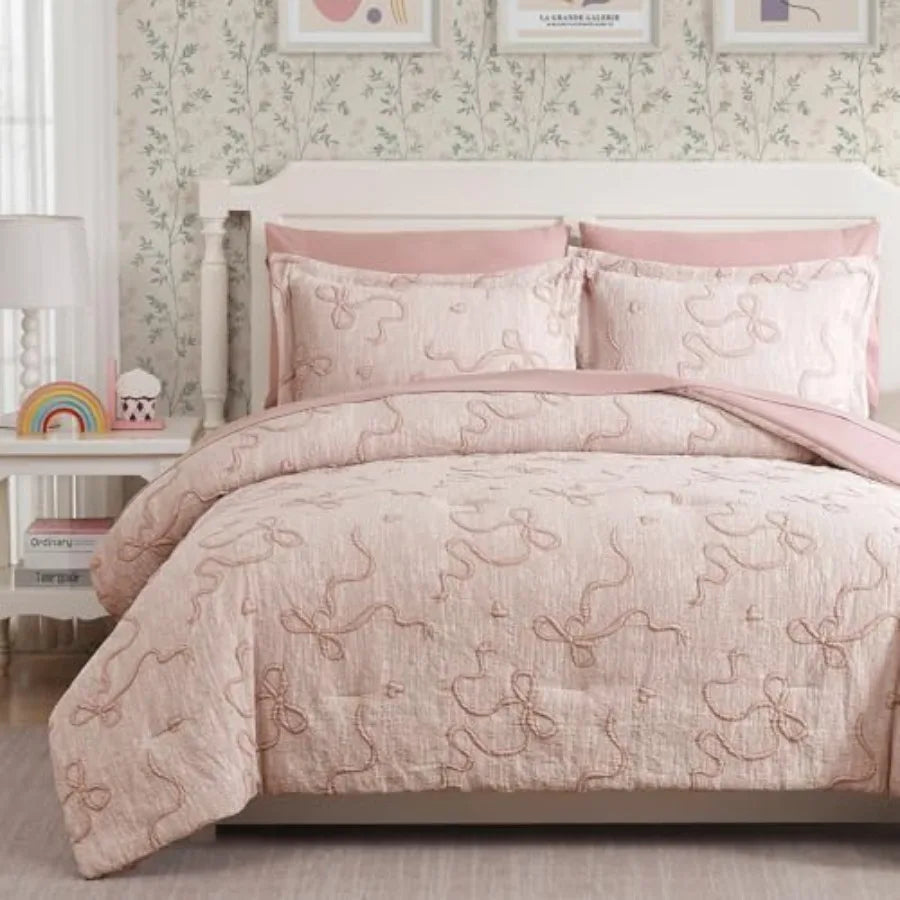 Luxury Blush Pink Bowknot Comforter Set featuring elegant 3D bowknot design, perfect blush pink comforter set for a chic bedroom.