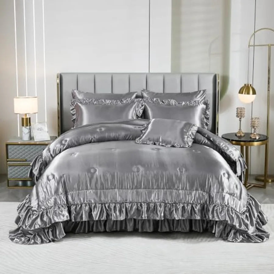 Details of the Grey Satin Comforter Set demonstrating its elegant double-layer ruffle design and soft, shiny finish.