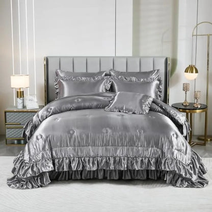 Details of the Grey Satin Comforter Set demonstrating its elegant double-layer ruffle design and soft, shiny finish.