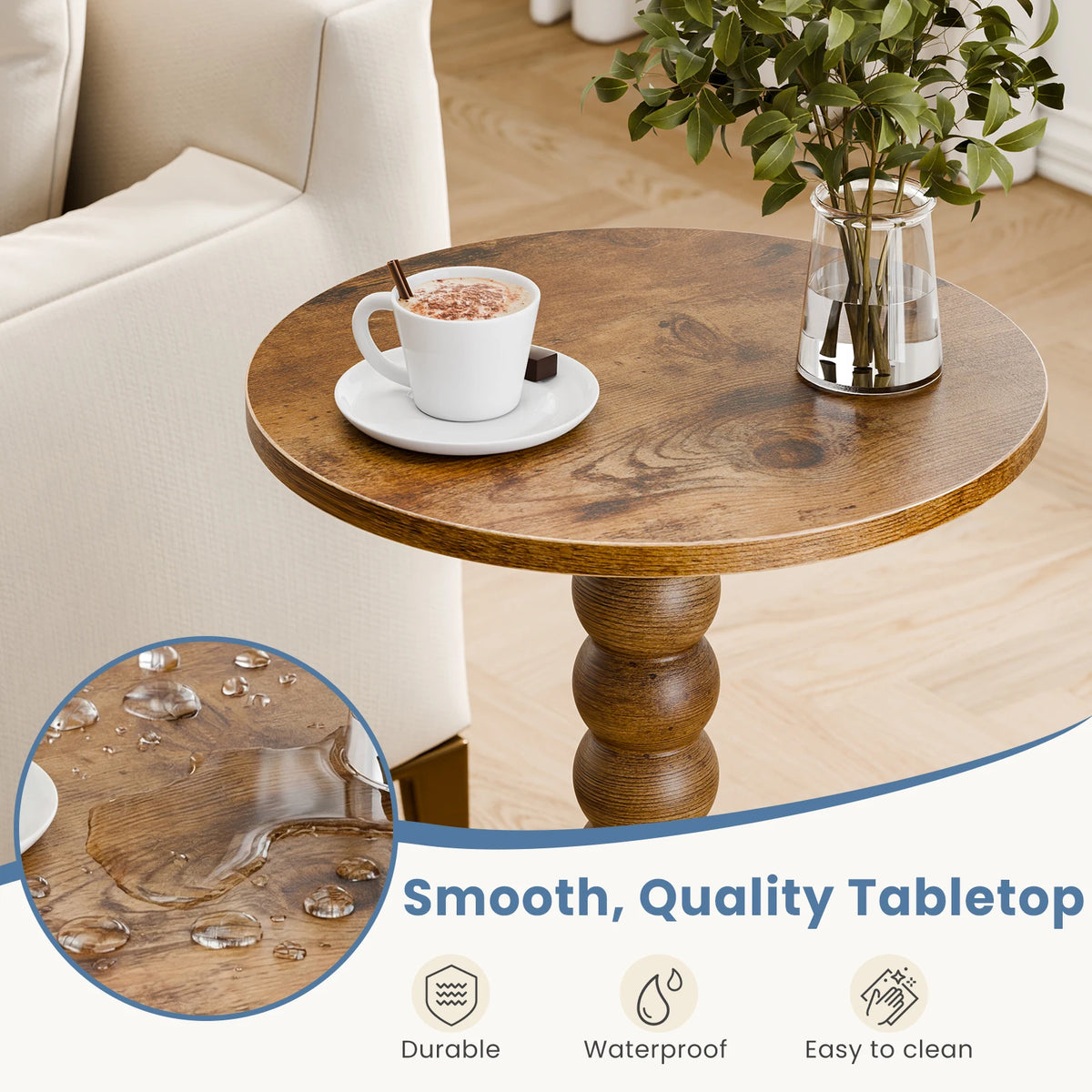 SIMENMAX Round Side Table - Bobbin-Style Spindle Leg Accent Table for Small Spaces, compact round side table for apartments