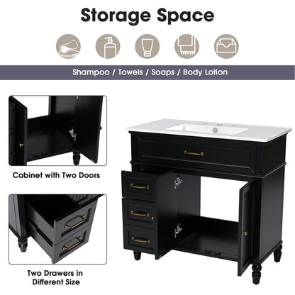 Freestanding 36" Black  Bathroom Vanity w/Retro Gold Handles & Ceramic Sink