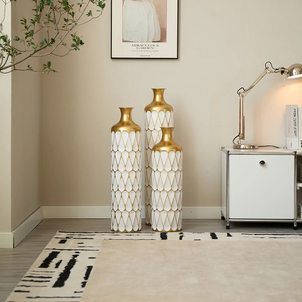 White Tall & Slender Metal Cylindrical Floor Vase~Set of 3