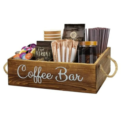Rustic Farmhouse Coffee Bar Organizer with Dividers showcasing its stylish wooden design, perfect as a farmhouse coffee organizer.