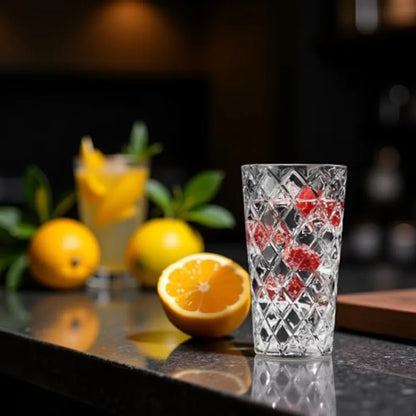 Dishwasher safe Luxury Diamond Cut Highball Glasses, combining elegance and convenience for daily drinks.