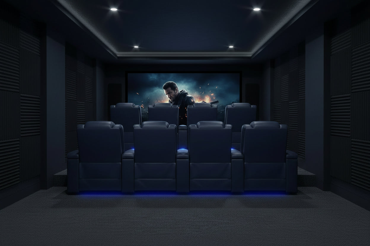 Navy Blue Leather Power Recliner Home Theater Seating Row of 4 with Lumbar Support & USB Port - showing the luxurious design and comfort of navy blue leather recliners.