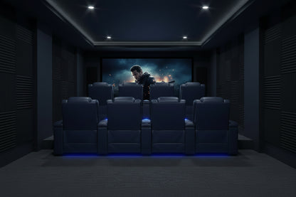 Navy Blue Leather Power Recliner Home Theater Seating Row of 4 with Lumbar Support & USB Port - showing the luxurious design and comfort of navy blue leather recliners.