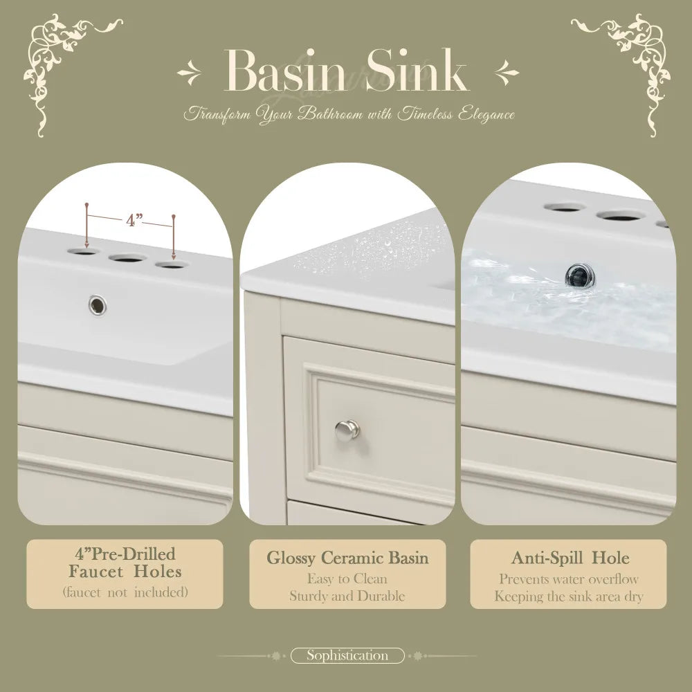 36" Beige Bathroom Vanity w/Ceramic Undermount Sink