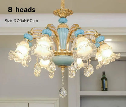 Frosted White Glass Tiffany Blue Floral Chandelier